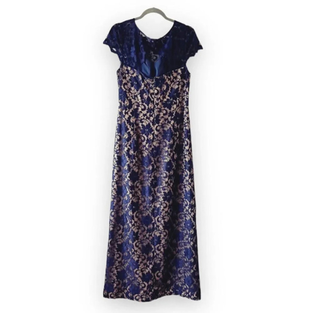 Eliza J Navy Blue Lace Formal Dress Size 14 Cap Sleeve Long Length Bridesmaid